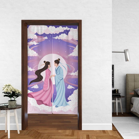 Oriental Fantasy Hanfu Lovers Under Full Moon & Purple Clouds Doorway Curtain Noren Room Divider
