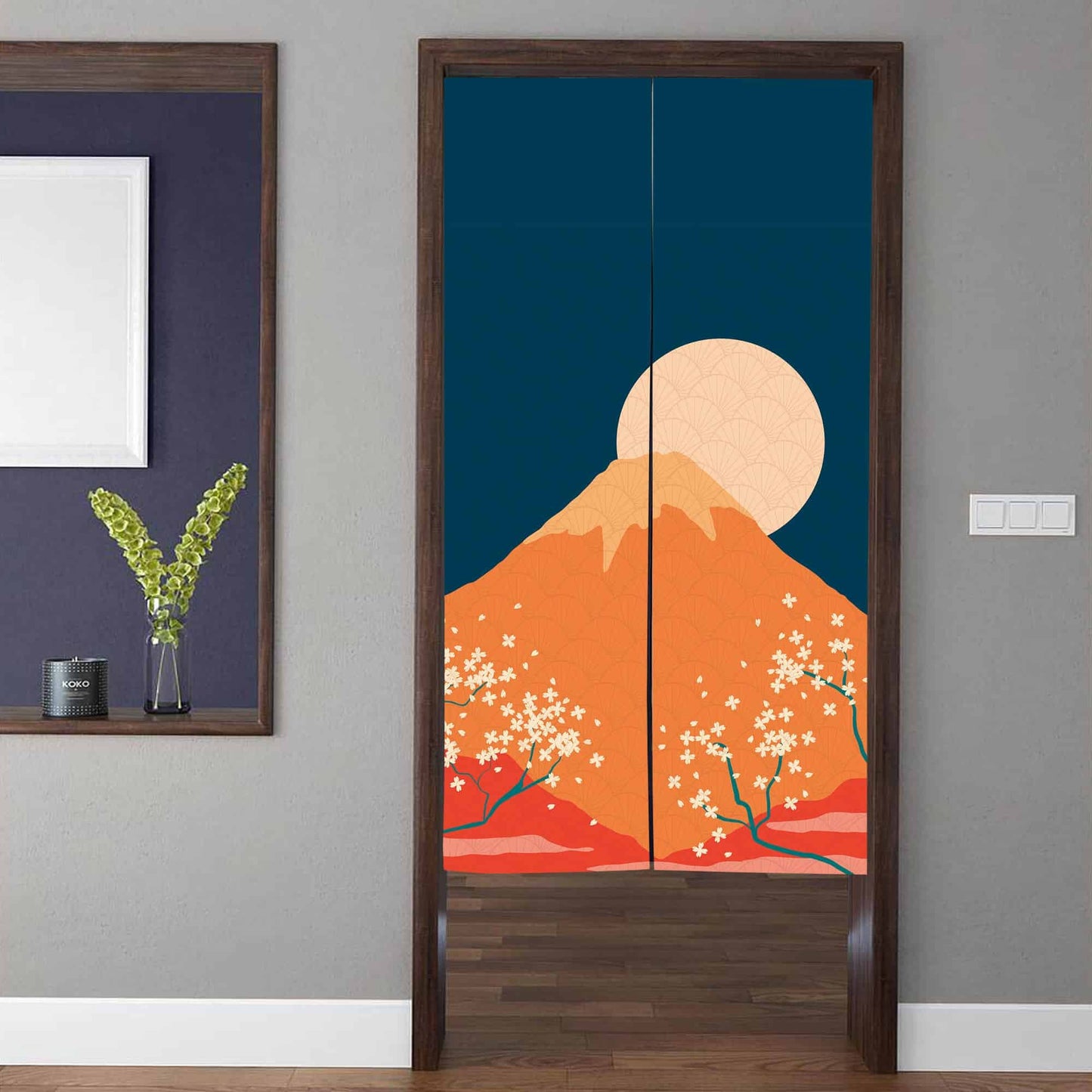 Japanese Modern Mount Fuji & Full Moon Doorway Curtain Noren Cherry Blossom Room Divider