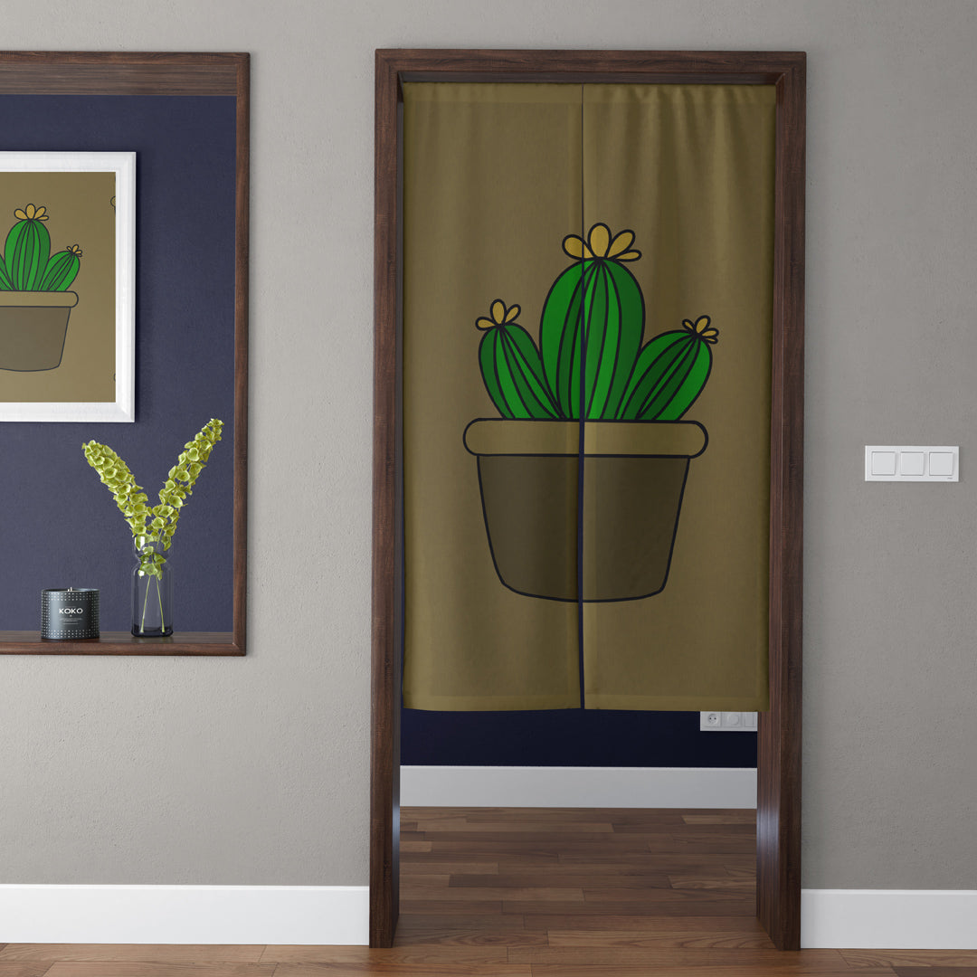 Japandi Earthy Potted Cactus with Yellow Flowers Doorway Curtain Noren Green Room Divider