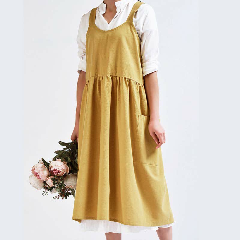 Japanese Cross-Back Cotton Pinafore Apron with Pockets – No-Tie Soft Cooking & Gardening Apron