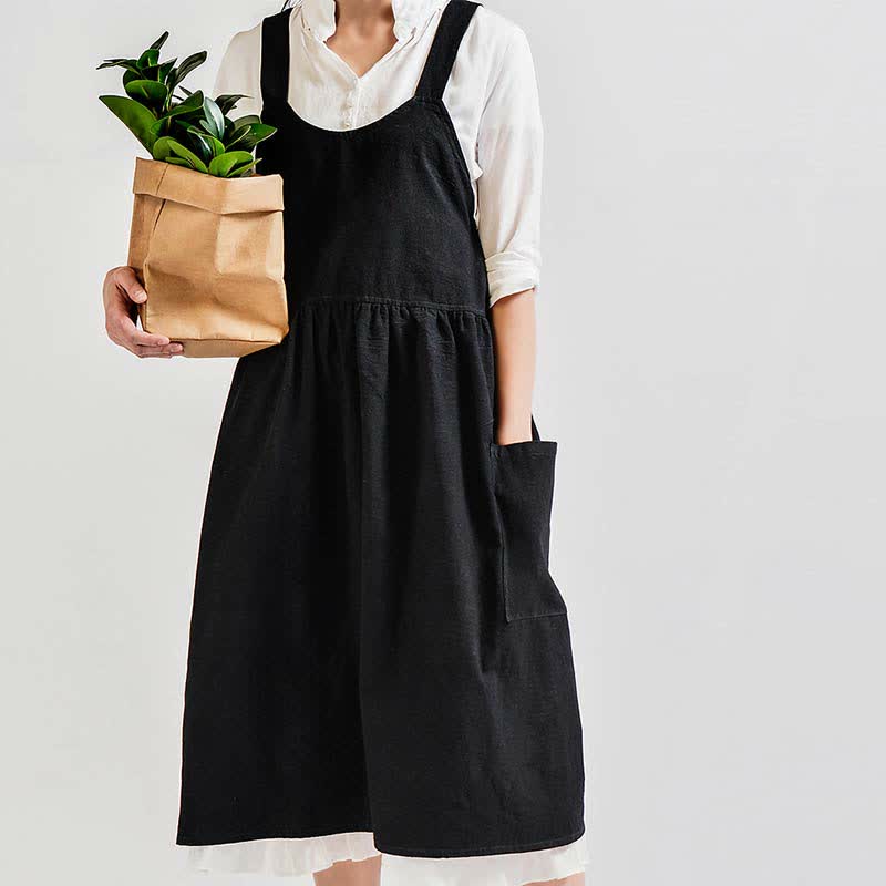 Japanese Cross-Back Cotton Pinafore Apron with Pockets – No-Tie Soft Cooking & Gardening Apron