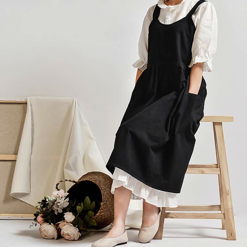 Japanese Cross-Back Cotton Pinafore Apron with Pockets – No-Tie Soft Cooking & Gardening Apron