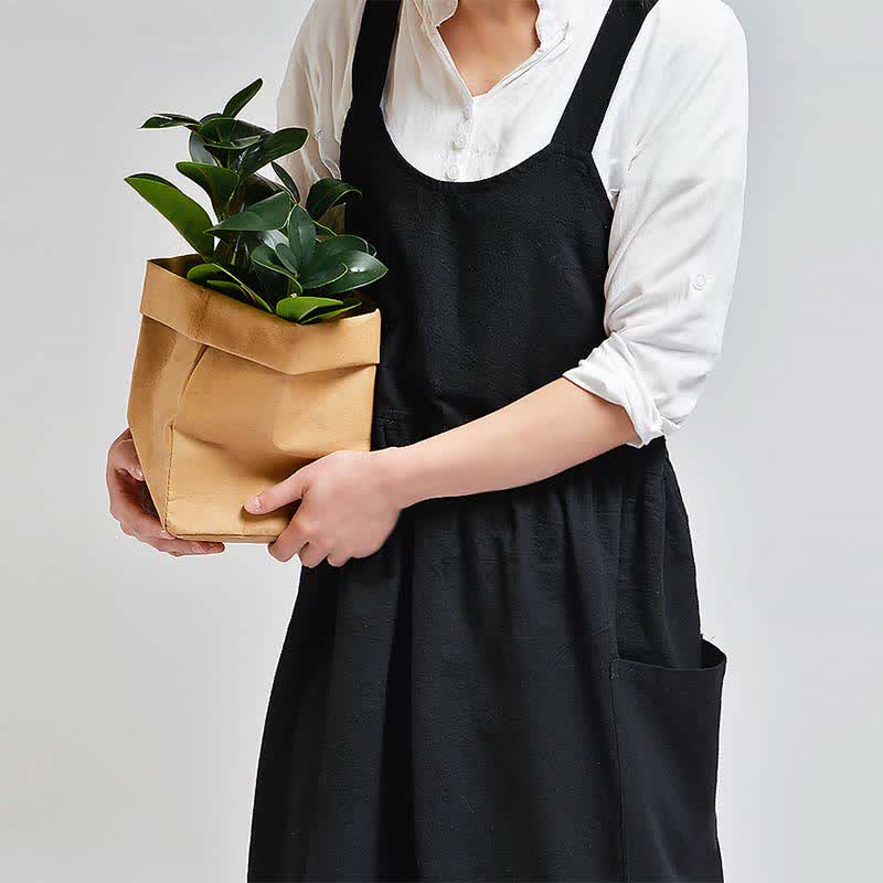 Japanese Cross-Back Cotton Pinafore Apron with Pockets – No-Tie Soft Cooking & Gardening Apron