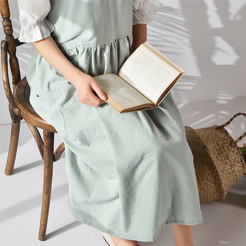 Japanese Cross-Back Cotton Pinafore Apron with Pockets – No-Tie Soft Cooking & Gardening Apron
