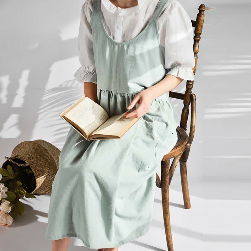 Japanese Cross-Back Cotton Pinafore Apron with Pockets – No-Tie Soft Cooking & Gardening Apron
