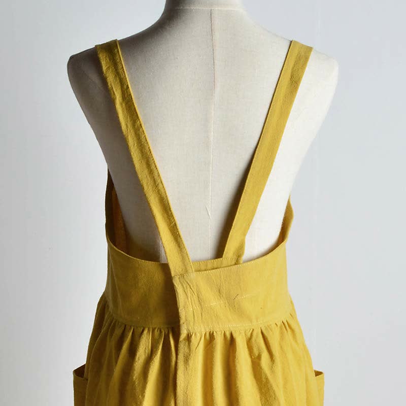 Japanese Cross-Back Cotton Pinafore Apron with Pockets – No-Tie Soft Cooking & Gardening Apron