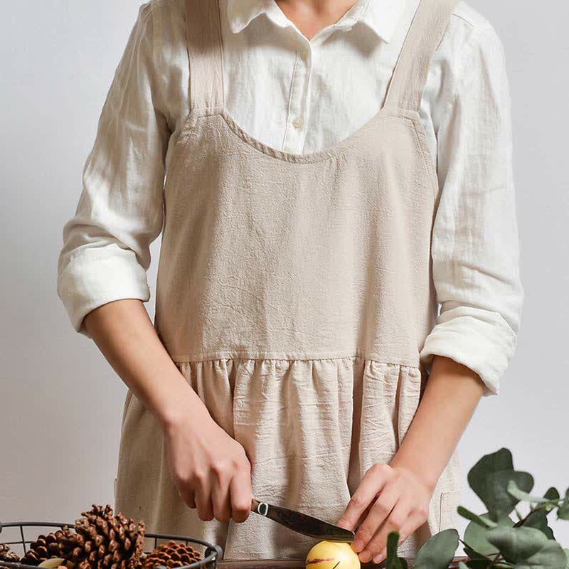 Japanese Cross-Back Cotton Pinafore Apron with Pockets – No-Tie Soft Cooking & Gardening Apron
