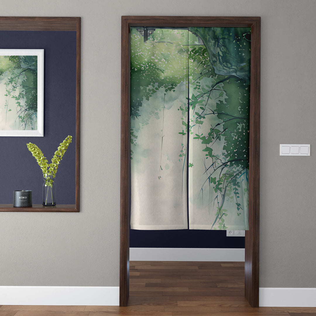 Japanese Traditional Emerald Vine & Cascading Willow Leaves Doorway Curtain Noren Zen Room Divider