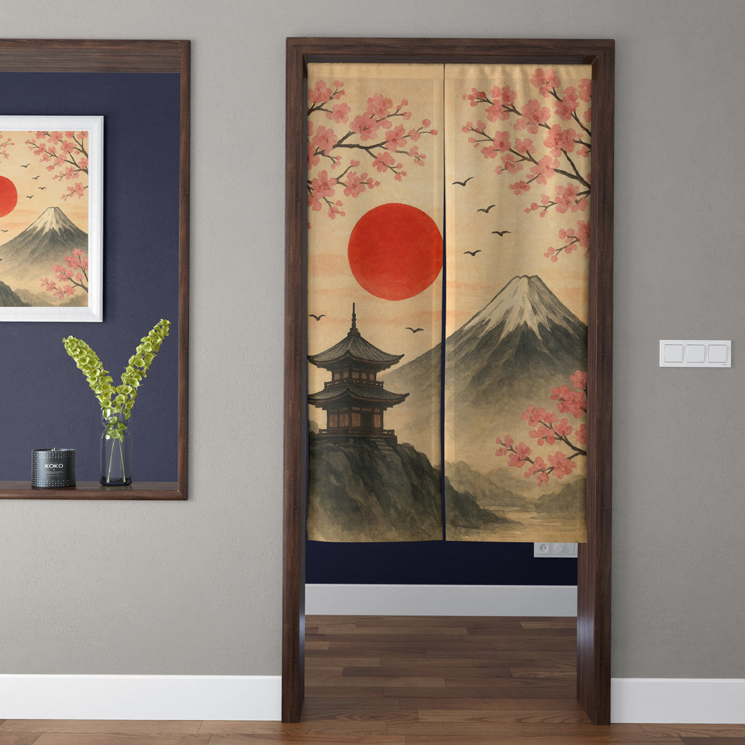 Japanese Traditional Vintage Crimson Sun, Mt. Fuji & Pagoda Doorway Curtain Noren Zen Room Divider