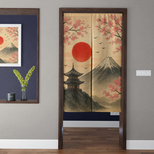 Japanese Traditional Vintage Crimson Sun, Mt. Fuji & Pagoda Doorway Curtain Noren Zen Room Divider