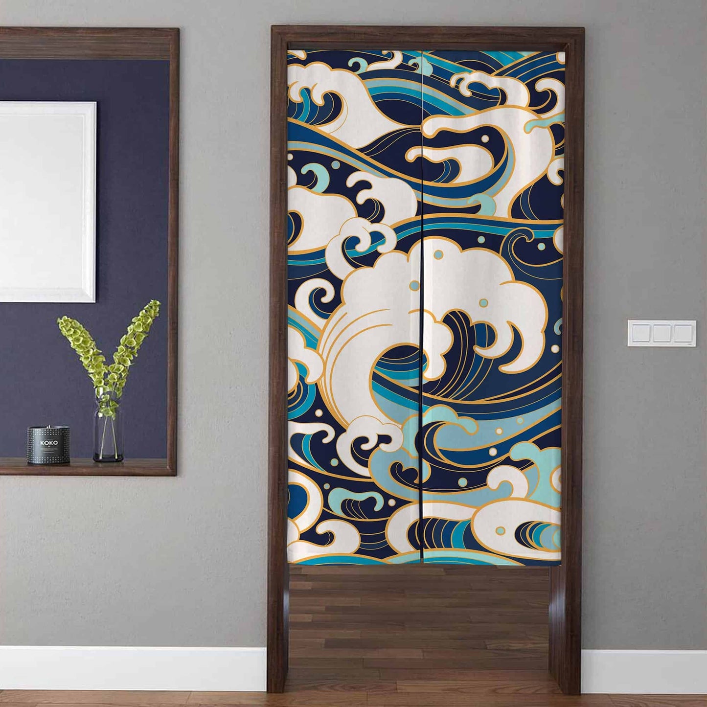 Japanese Traditional Golden Edge Ocean Wave Doorway Curtain Noren Asian Room Divider