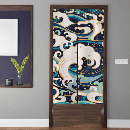 Japanese Traditional Golden Edge Ocean Wave Doorway Curtain Noren Asian Room Divider