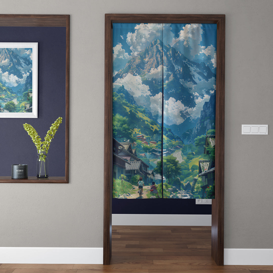 Ghibli Style Majestic Snow Mountain & Summer Village Doorway Curtain Noren Anime Room Divider