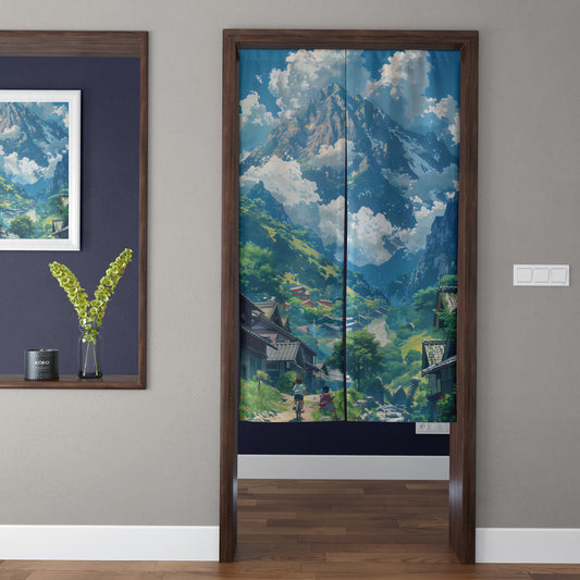 Ghibli Style Majestic Snow Mountain & Summer Village Doorway Curtain Noren Anime Room Divider