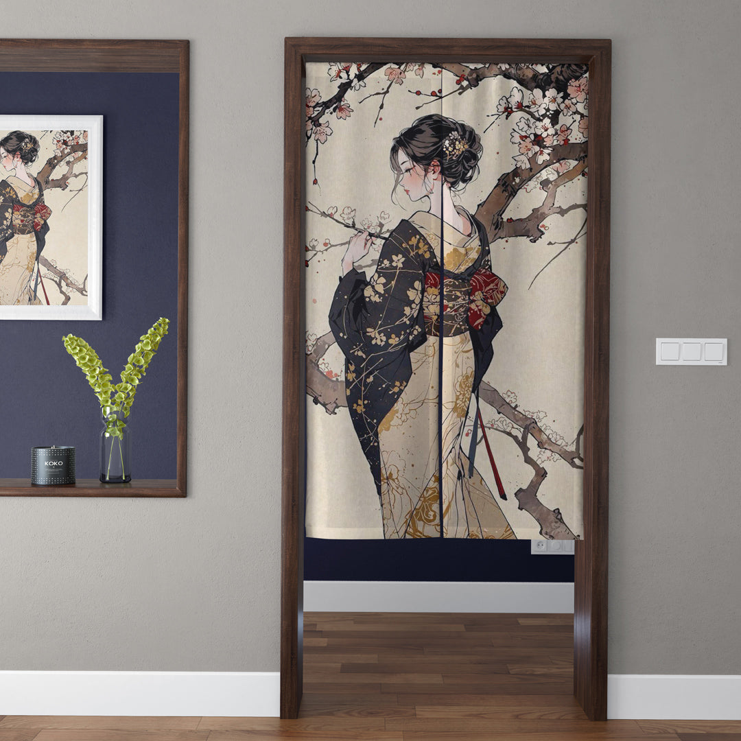 Japanese Traditional Black & Gold Kimono Geisha & Sakura Doorway Curtain Noren Zen Room Divider