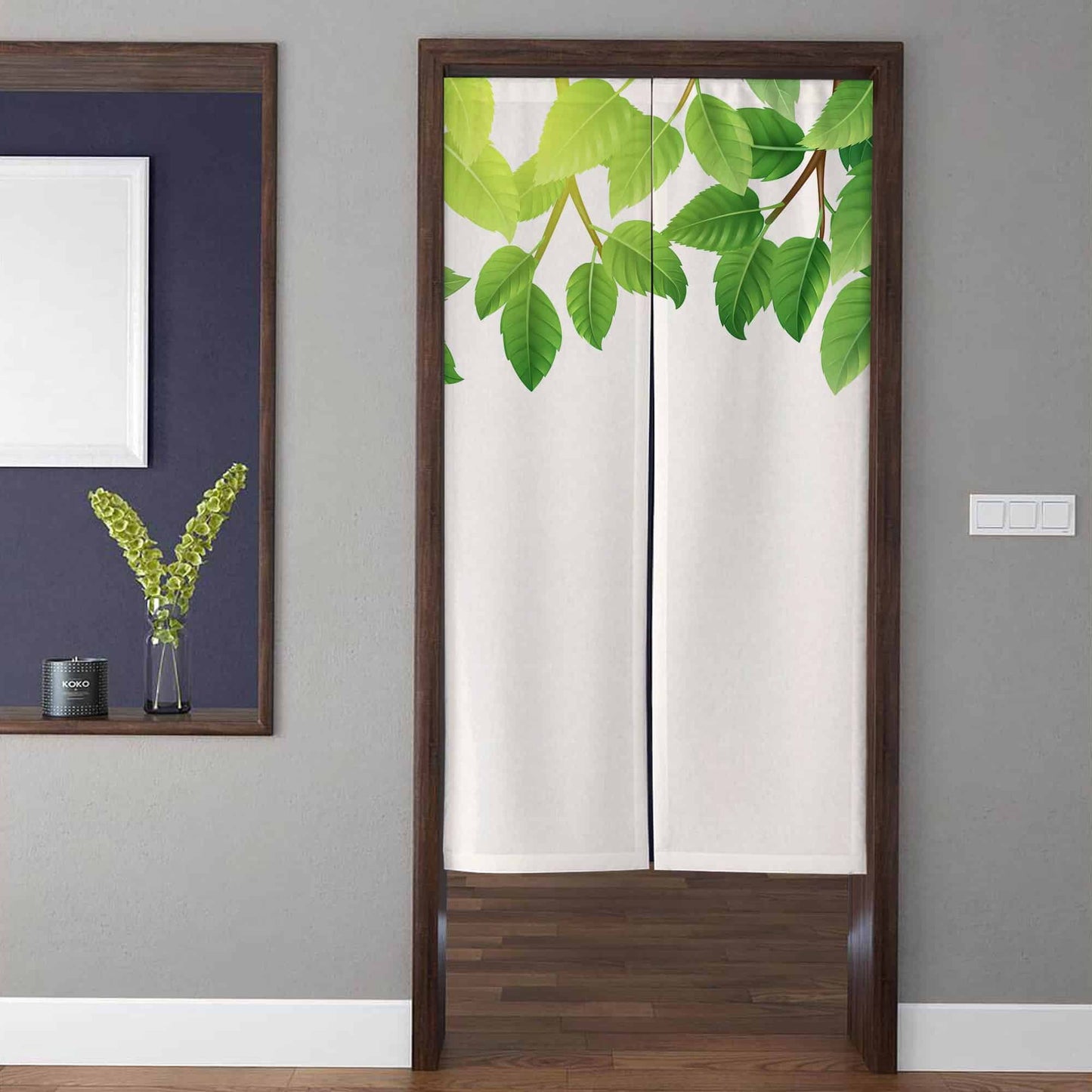 Fresh Green Hanging Leaves Doorway Curtain Noren Botanical Minimalist Room Divider