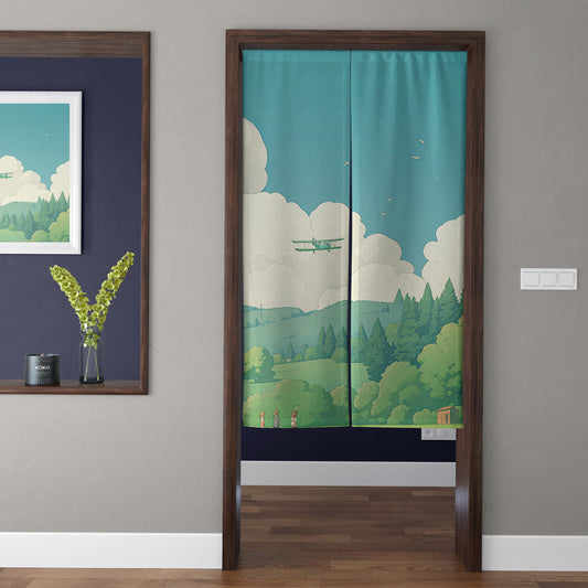 Ghibli Style Vintage Biplane & Summer Forest Hills Doorway Curtain Noren Anime Room Divider