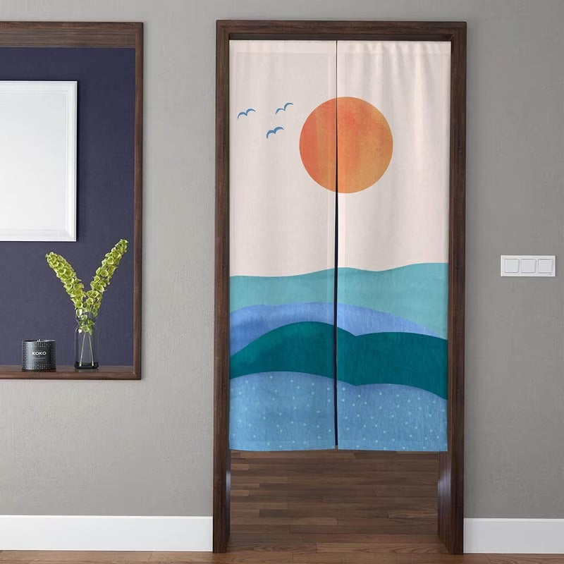 Minimalist Watercolor Sunrise Layered Blue & Green Hills & Flying Birds Doorway Curtain Noren Room Divider