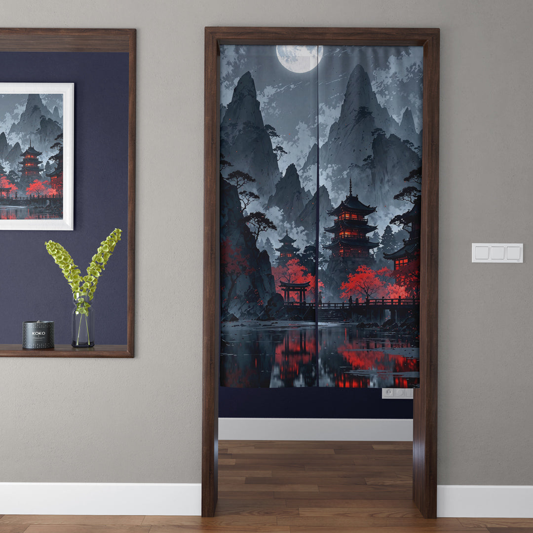 Japanese Traditional Night Moonlit Pagoda & Crimson Maple Lake Doorway Curtain Noren Zen Room Divider