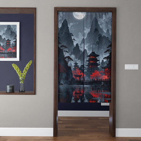 Japanese Traditional Night Moonlit Pagoda & Crimson Maple Lake Doorway Curtain Noren Zen Room Divider