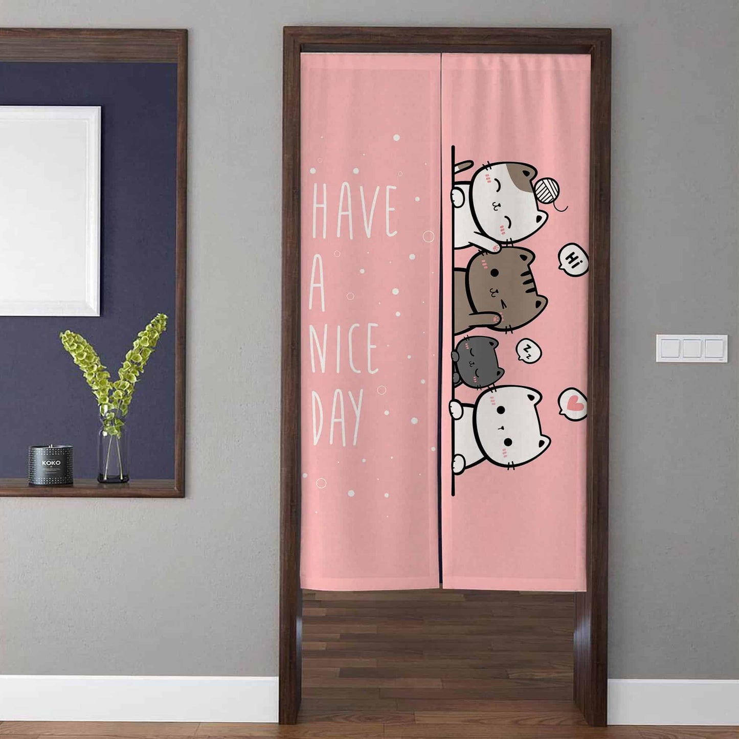 Cute Peeking Cartoon Cats Have A Nice Day Doorway Curtain Noren Pink Kids Room Divider