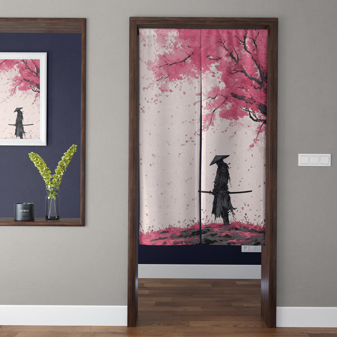 Japanese Samurai Warrior Under Cherry Blossom Sakura Tree Doorway Curtain Noren Asian Zen Divider