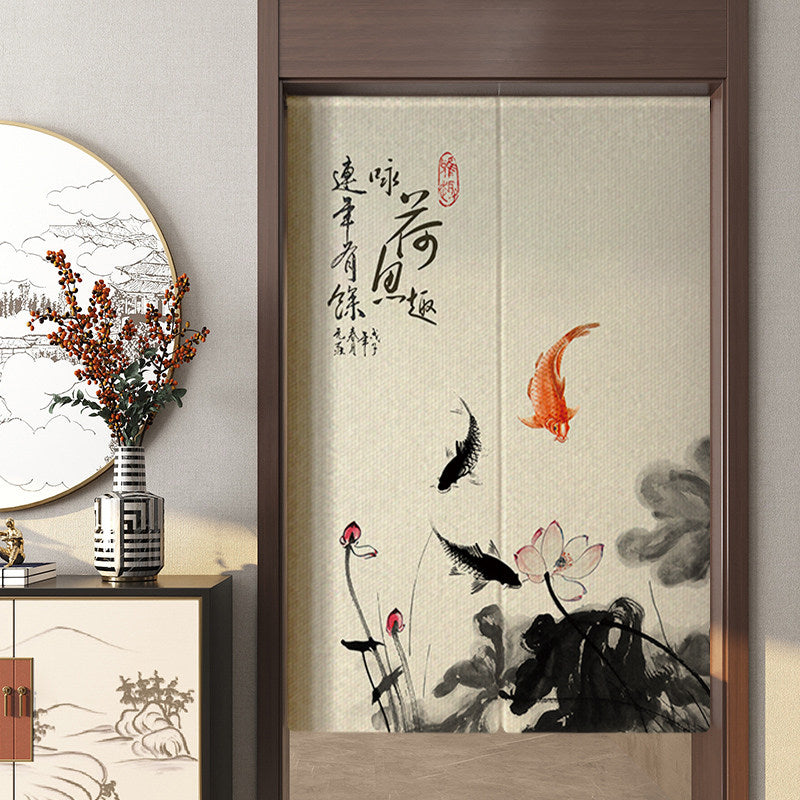 Japanese Traditional Ink Wash Koi Fish & Blooming Lotus Doorway Curtain Noren Zen Room Divider