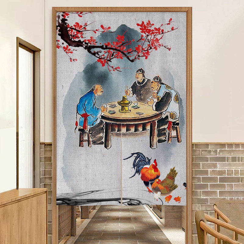 Japanese Traditional Vintage Folk Art Elders Hot Pot Feast, Red Plum & Rooster Family Doorway Curtain Noren Room Divider