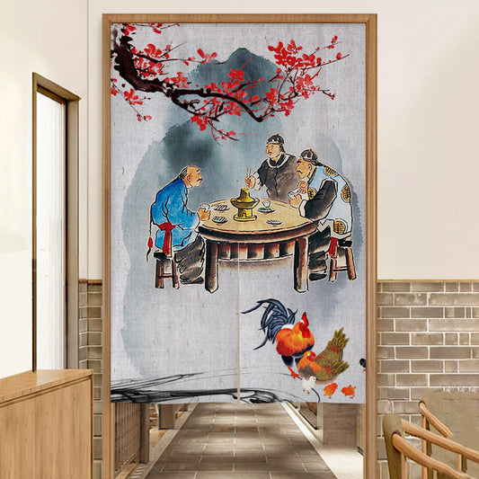 Japanese Traditional Vintage Folk Art Elders Hot Pot Feast, Red Plum & Rooster Family Doorway Curtain Noren Room Divider