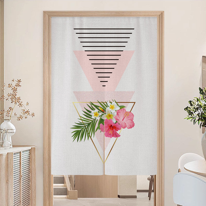 Minimalist Geometric Pink Hibiscus, Plumeria & Gold Triangle Doorway Curtain Noren Room Divider