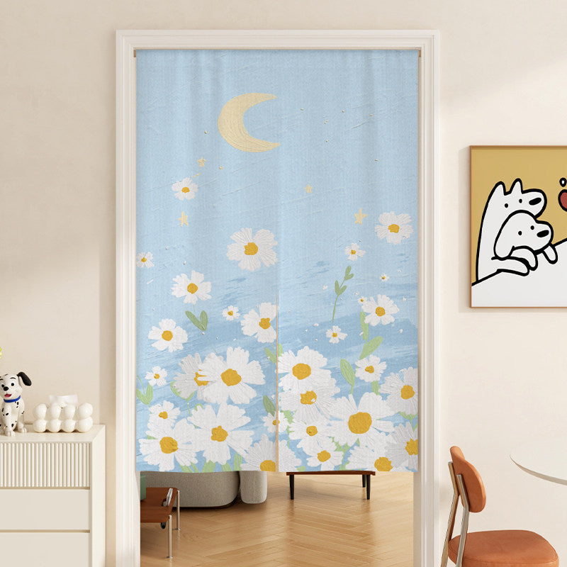 Minimalist Pastel Blue Crescent Moon & White Daisy Field Doorway Curtain Noren Room Divider