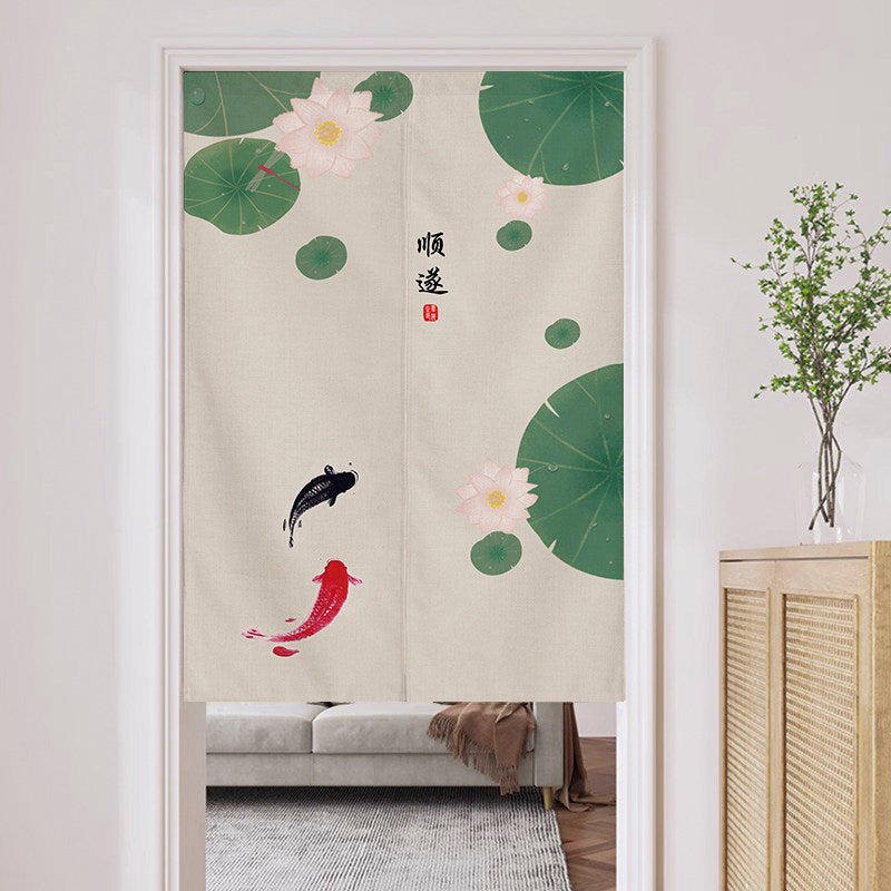 Japanese Traditional Minimalist Twin Koi Fish, Pink Lotus & Shun Sui Calligraphy Doorway Curtain Noren Zen Room Divider