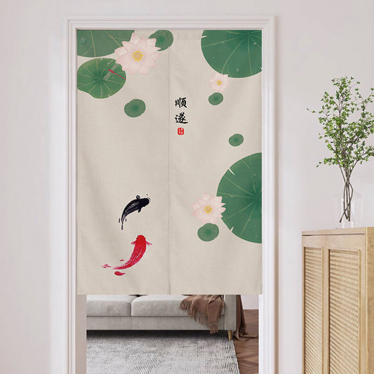 Japanese Traditional Minimalist Twin Koi Fish, Pink Lotus & Shun Sui Calligraphy Doorway Curtain Noren Zen Room Divider