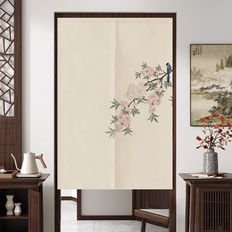 Japanese Traditional Minimalist Blue Songbird & Blooming Blossom Branch Doorway Curtain Noren Zen Room Divider
