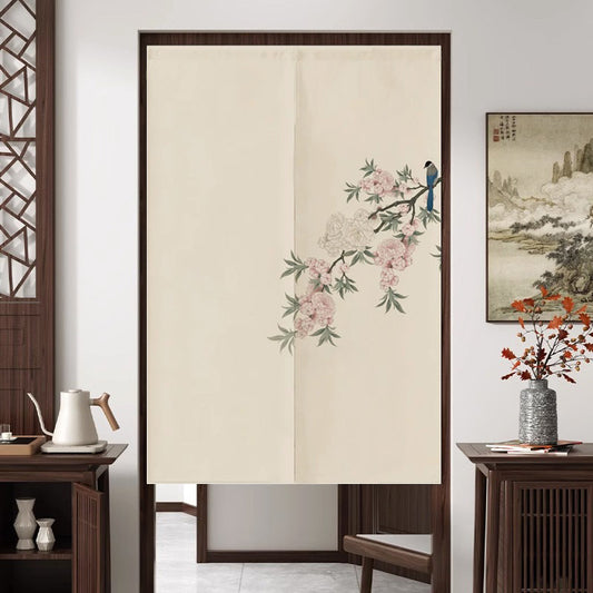 Japanese Traditional Minimalist Blue Songbird & Blooming Blossom Branch Doorway Curtain Noren Zen Room Divider