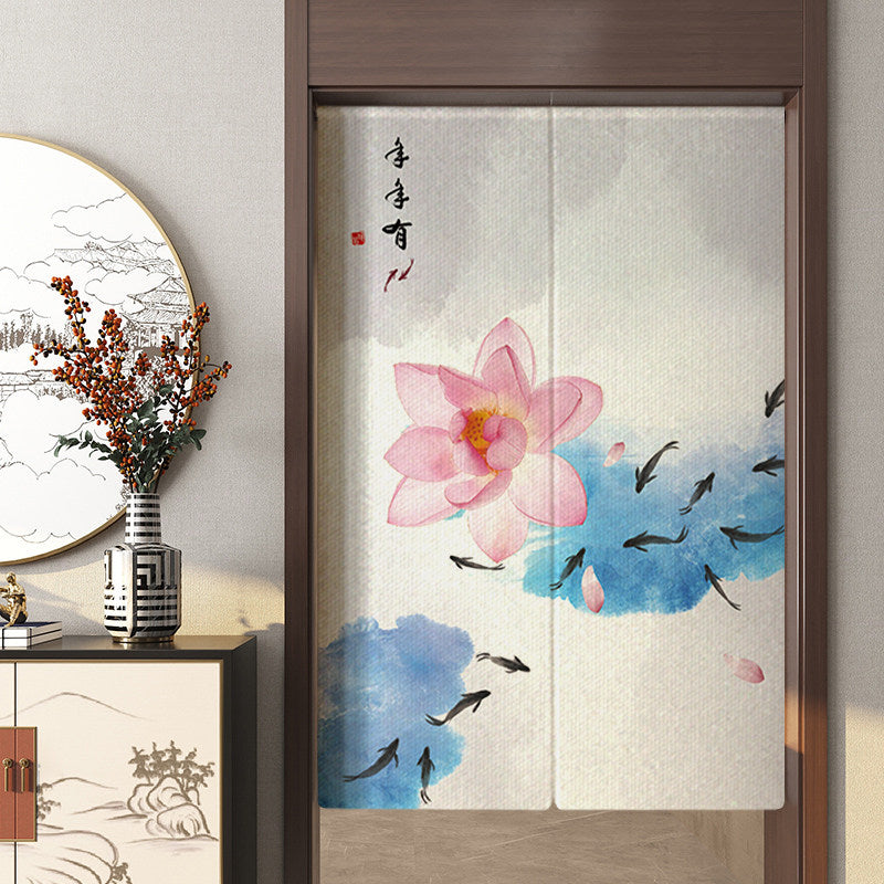 Japanese Traditional Watercolor Blooming Pink Lotus, Swimming Fish & Nian Nian You Yu Calligraphy Doorway Curtain Noren Zen Room Divider