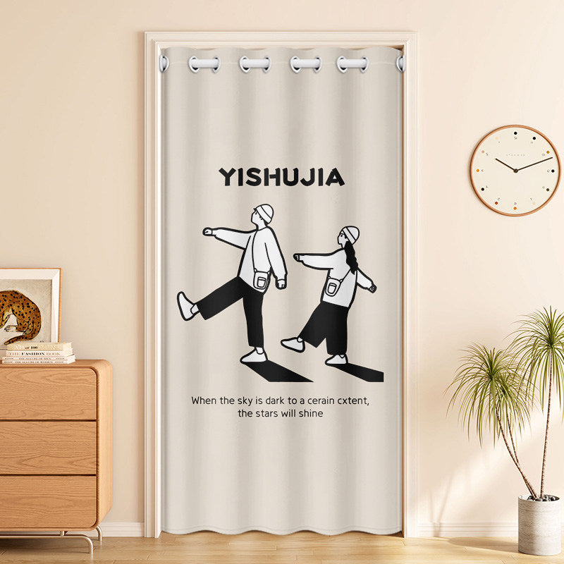 Minimalist Black & White Line Art Walking Couple & Stars Quote Doorway Curtain Room Divider