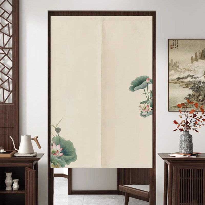 Japanese Traditional Minimalist Corner Pink Lotus & Emerald Leaves Doorway Curtain Noren Zen Room Divider