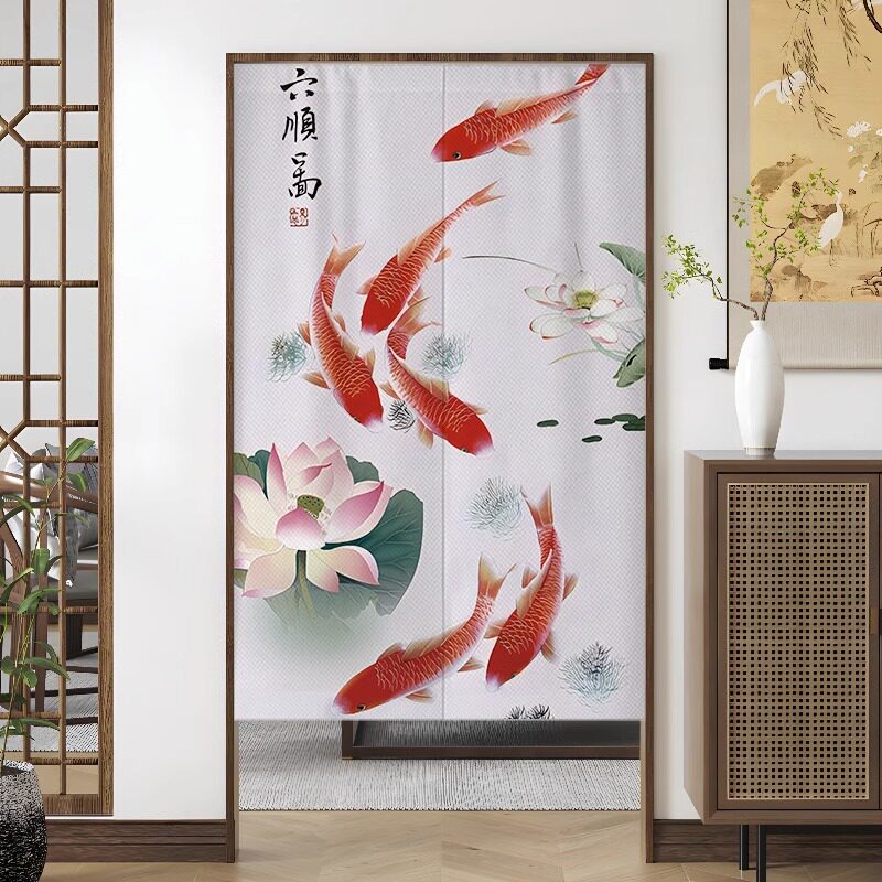 Japanese Traditional Gongbi Six Red Koi Fish & Blooming Lotus Pond Doorway Curtain Noren Zen Room Divider