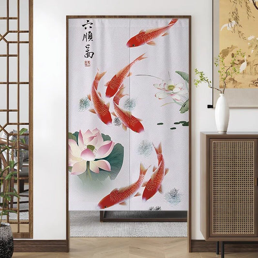 Japanese Traditional Gongbi Six Red Koi Fish & Blooming Lotus Pond Doorway Curtain Noren Zen Room Divider