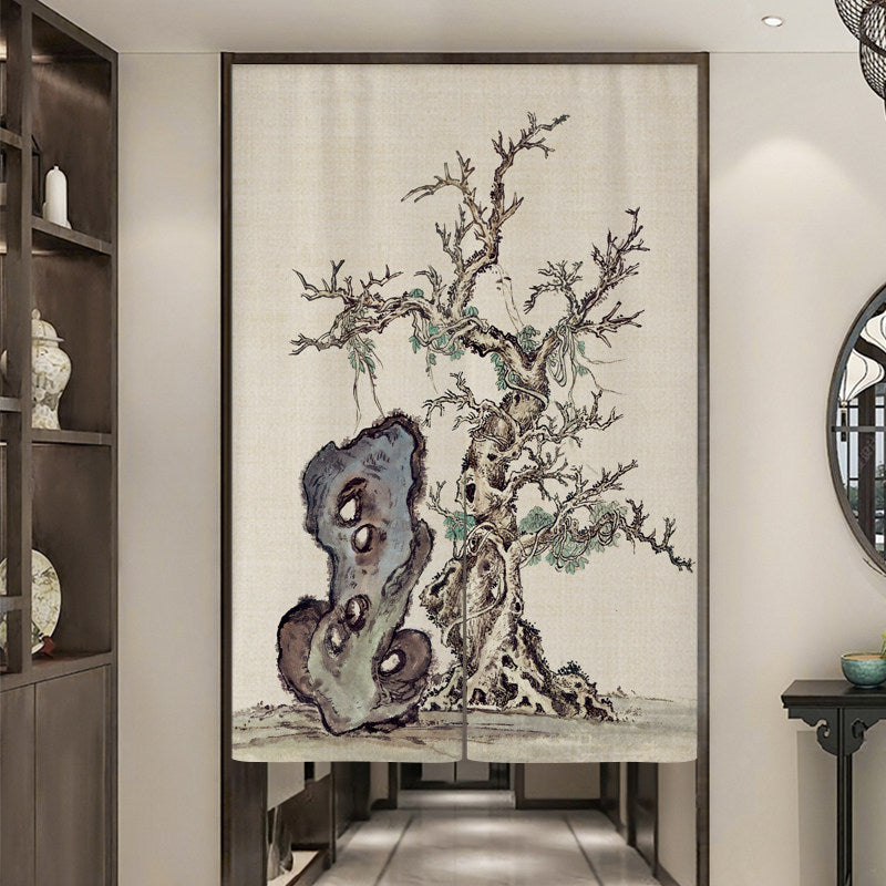 Japanese Traditional Minimalist Wabi-Sabi Ink Wash Ancient Pine Tree & Scholar Stone Doorway Curtain Noren Zen Room Divider