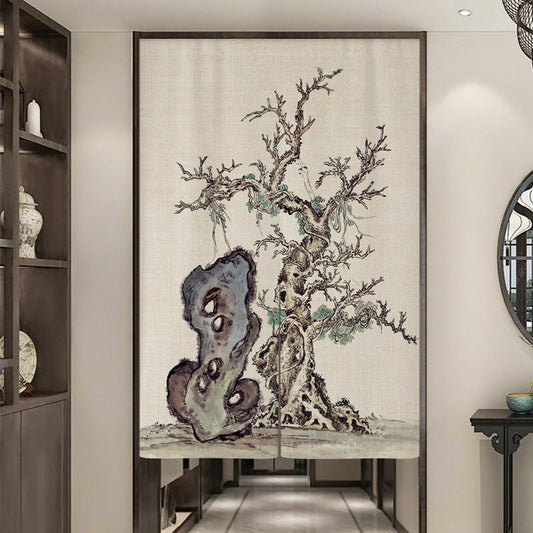 Japanese Traditional Minimalist Wabi-Sabi Ink Wash Ancient Pine Tree & Scholar Stone Doorway Curtain Noren Zen Room Divider