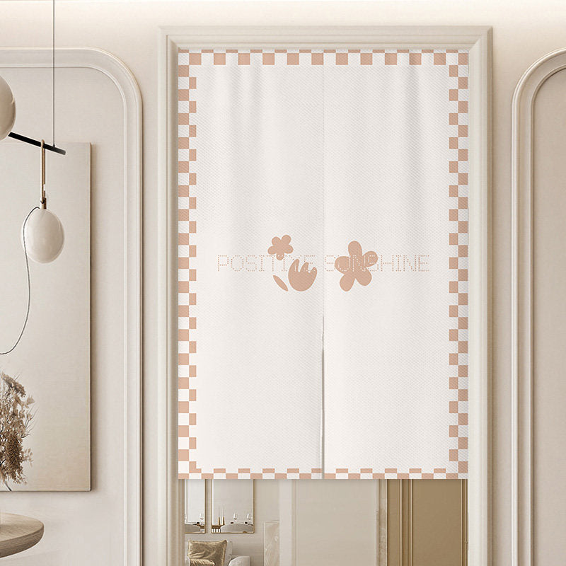 Minimalist Warm Beige Checkerboard Border & Floral Positive Sunshine Doorway Curtain Noren Room Divider