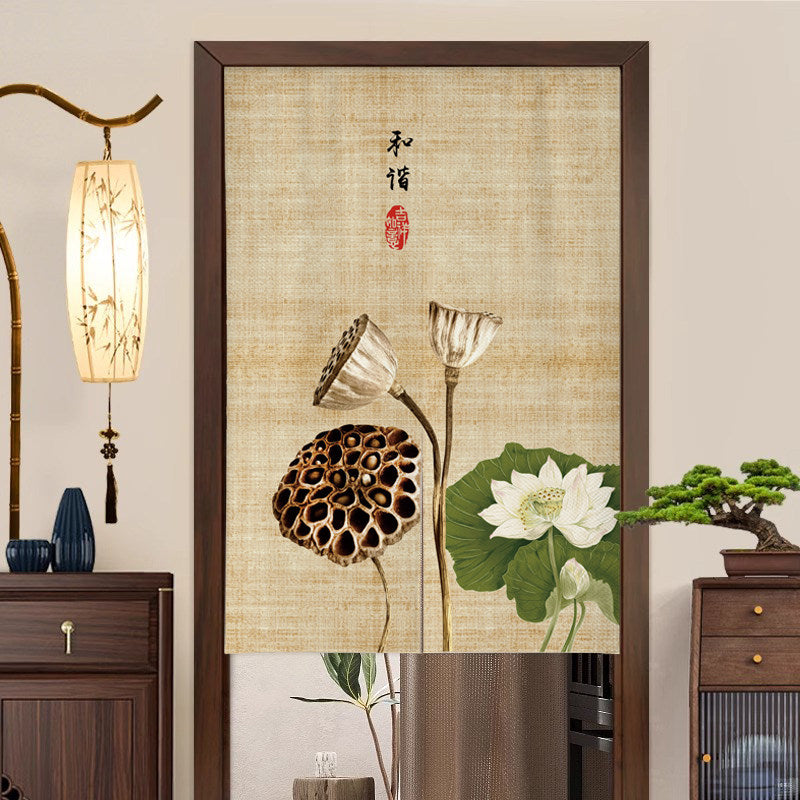 Japanese Traditional Vintage Dried Lotus Pod, White Lotus & Harmony Calligraphy Doorway Curtain Noren Zen Room Divider