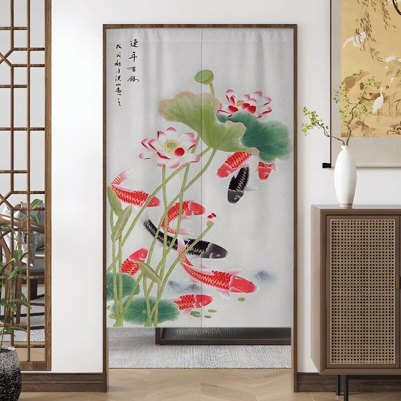 Japanese Traditional Gongbi Nine Koi Fish & Blooming Lotus Pond Doorway Curtain Noren Zen Room Divider