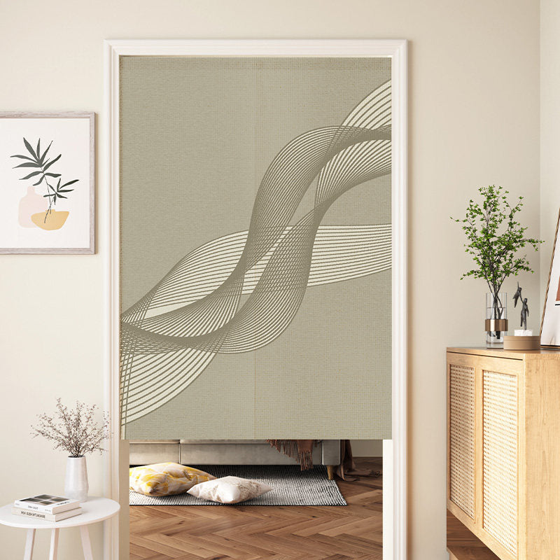 Minimalist Abstract Flowing Line Art Sage Green & Ivory Wavy Ribbon Doorway Curtain Noren Room Divider