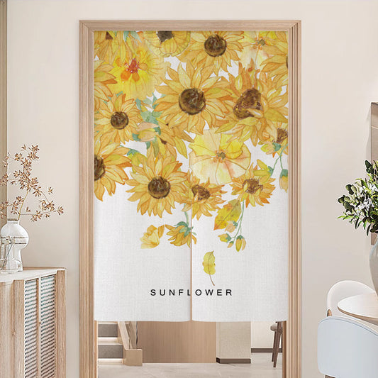 Minimalist Watercolor Golden Sunflower Cluster & Typography Doorway Curtain Noren Room Divider