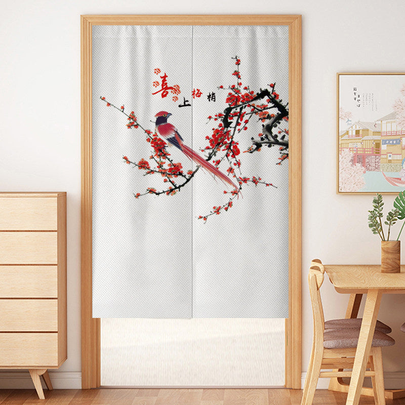 Japanese Traditional Minimalist Crimson Magpie, Red Plum Blossom & Xi Shang Mei Shao Calligraphy Doorway Curtain Noren Zen Room Divider