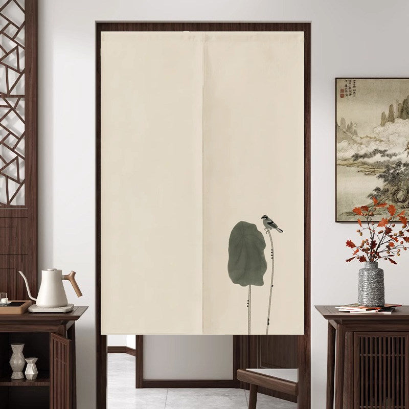 Japanese Traditional Minimalist Bird Perched on Lotus Stem Doorway Curtain Noren Zen Room Divider