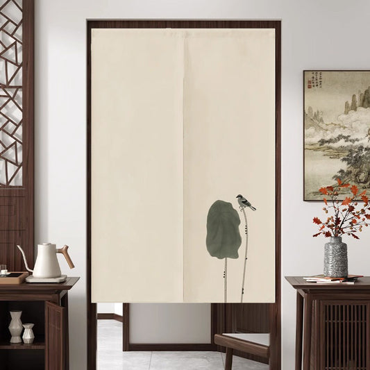 Japanese Traditional Minimalist Bird Perched on Lotus Stem Doorway Curtain Noren Zen Room Divider